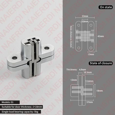 (01 13x45mm) Lot de 2 charnières invisibles pour portes, en acier inoxydable, pour meubles, robustes, à angle d'ouverture de 180°. (1/5)