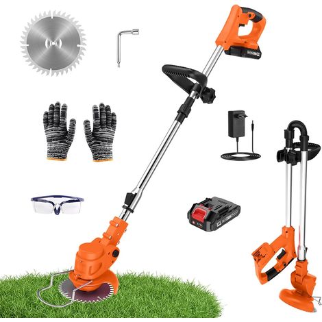 Rotofil Cordless Electric Brushcutter 800 W Battery 1.1 kg Foldable 60 cm Telescopic Handle 2000 mAh Batteries 26 Blades 4 Types for Garden Maintenance, Orange (1/5)