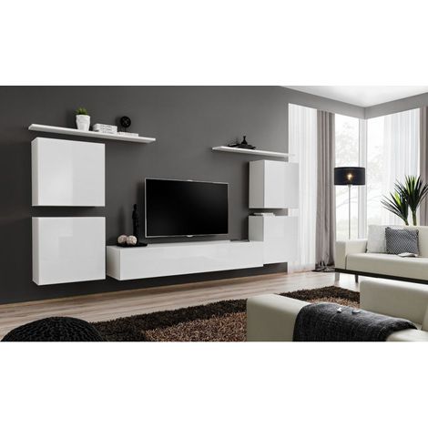 Ensemble meuble TV mural  - Switch IV - 320 cm  x 150 cm x 40 cm - Blanc - Livraison gratuite