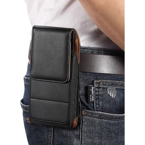 Étui de téléphone en cuir avec clip ceinture pour iPhone 16/15/14/13/12 Pro, fermeture magnétique, emplacement pour carte, noir (1/5)