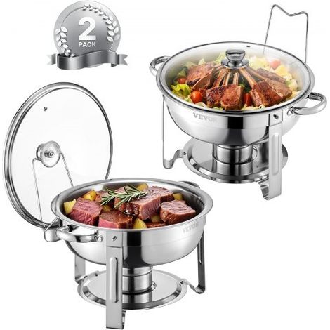 Calentador de Alimentos con 2 Recipientes de Tamaño Completo(4,7 L Cada Uno), Redondo, para Catering con Tapa de Vidrio y Bandeja de Agua y Soporte Plegable, para Fiestas de Bufé, Plata (1/5)