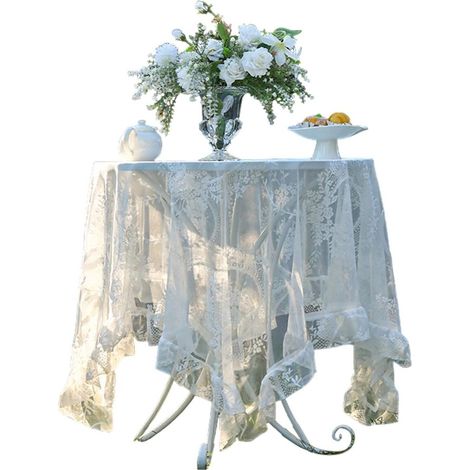 Tovaglia in pizzo con volant, stile vintage, adatta per ricevimenti di matrimonio, bianca, 140x100 cm (1/4)