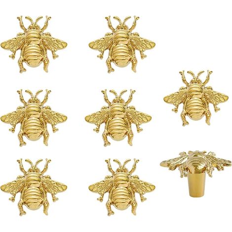 Juego de 8 pomos para armarios con forma de abeja, tiradores chapados en oro para cómodas, cajones, armarios, muebles de baño y puertas decorativas, con tornillos, de cobre (dorado). (1/4)