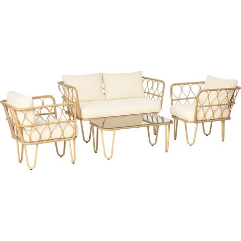 Ensemble salon de jardin canapé 2 places + 2 fauteuils + 1 table basse plateau verre trempé 7 coussins écru