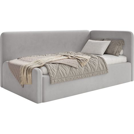 Selsey Fanko – Jugendbett 90x200 cm mit Rausfallschutz, Matratze, Kopfteil rechts, Samt, Hellgrau