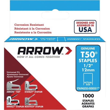 Arrow T50 Stainless Steel Staples 12mm (1/2 inch), 1000-Count Box, Model ARRT5012SS