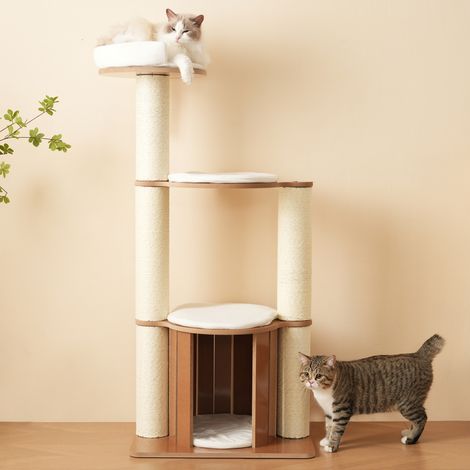 Tiragraffi per gatti 135 cm, 3 livelli e cuccia, pali Ø 12 cm, MDF marrone e bianco (1/5)