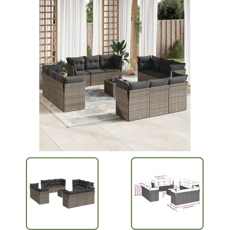 The Living Store 13-tlg. Garten-Sofagarnitur mit Kissen Grau Poly Rattan - Gartenmöbel Set - PE-Rattan Möbel - Outdoor Sofa - Esstisch - Lounge Garnitur (1/3)