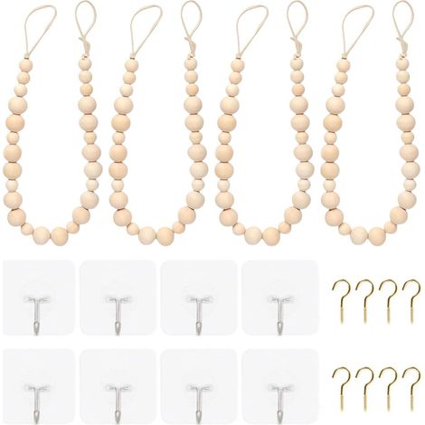 Lot de 4 embrasses de rideaux en perles de bois faites à la main en corde de coton pour chambre élégante charme naturel (1/4)