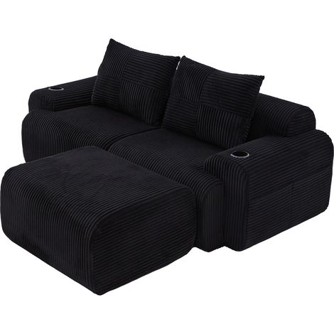 Canapé modulable 2 places en velours côtelé noir avec pouf, porte-gobelet et poche latérale (1/5)