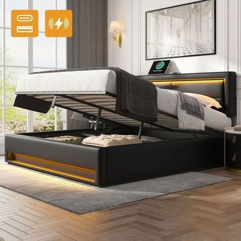 Lit coffre rembourré - SOGEU - 140x190 - LED 12 couleurs - USB & charge sans fil - Sommier à lattes (1/5)