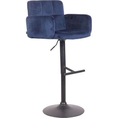 Sgabello da bar girevole in velluto blu e metallo nero con braccioli poggiapiedi e schienale TDB10655