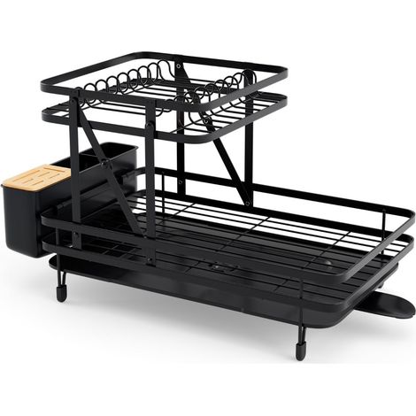 Scolapiatti pieghevole 49-56 x 31 x 30 cm grande capacità con scarico rapido design moderno in metallo nero 200019378