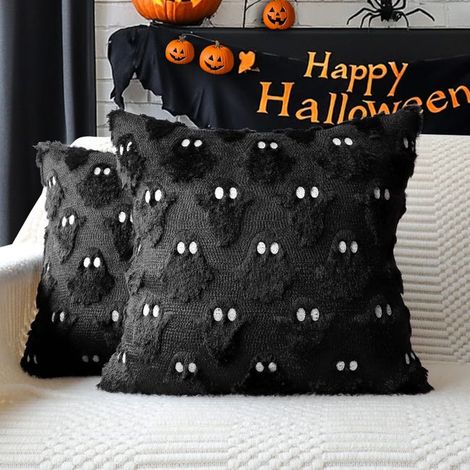 2 taies d'oreiller fantôme Halloween, peluche, housses de coussin brodées fantôme 3D, 45 x 45 cm, noires. (1/5)