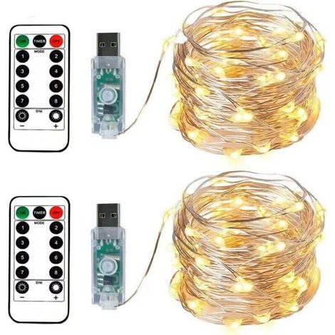 2 guirnaldas de luces, 100 LED, 10 metros, cable plateado blanco cálido, enchufe USB con control remoto, luz estrellada para Navidad, fiestas y decoración de bodas. (1/4)
