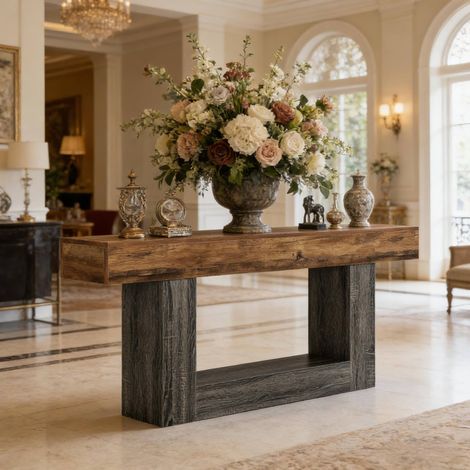 Table console en MDF gris et brun rustique 160 cm, rectangulaire avec étagère basse (1/5)