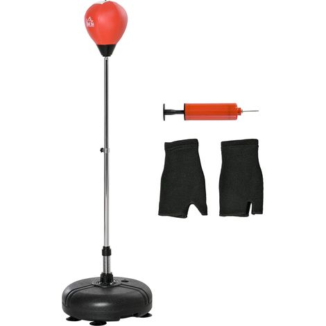Sac de frappe autoportant à hauteur réglable (133-151 cm), avec base lestable, gants et gonfleur inclus, noir et rouge. (1/5)
