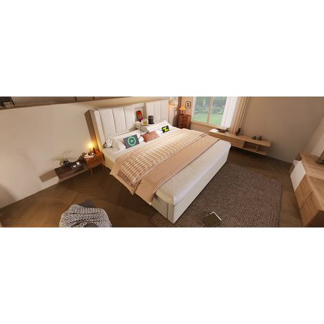 Beiges Leinenbett 180x200 cm mit Stauraum und USB, ohne Matratze – MEUBLIV (1/5)