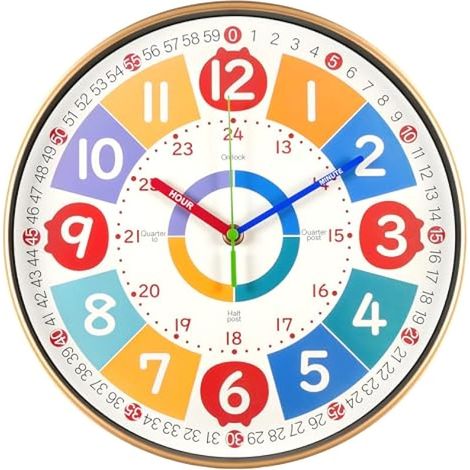 Horloge d'apprentissage pour enfants, 10 pouces silencieuse, horloge pédagogique, murale silencieuse, à piles, facile à lire pour chambre, salon, classe. (1/5)