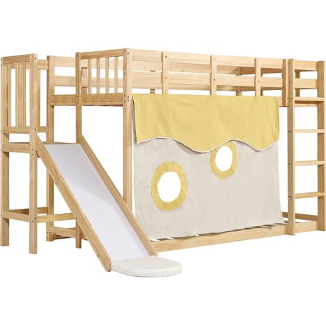 Litera infantil con escalera, tobogán y cortinas 90 x 200 cm, MDF y pino, natural (1/5)