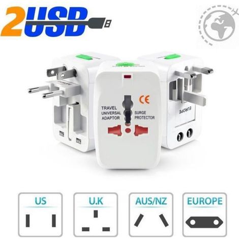 Adaptateur De Voyage - 2 Ports Usb - Compatible Us Eu Uk Au - Pour 150 Pays - 1 Pièce (1/4)