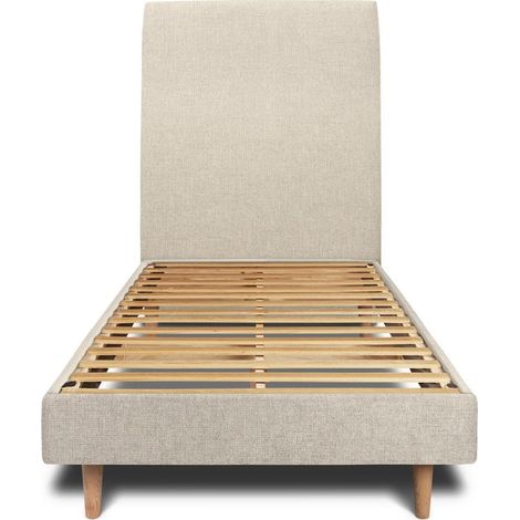Lit 90x190cm avec tête de lit tapissier tissu et sommier kit Beige clair - Hauteur totale : 29cm (1/3)