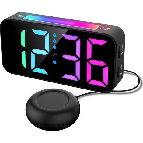 Despertador con vibración, despertador para quienes duermen profundamente, vibrador extra fuerte con luz nocturna RGB, reloj digital con dígitos grandes, función de repetición y memoria para despertar