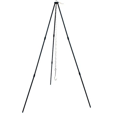 Treppiede pieghevole per cucinare sul fuoco da campo, con catena e borsa per il trasporto, in lega di alluminio nera, ideale per cucinare all'aperto. (1/4)