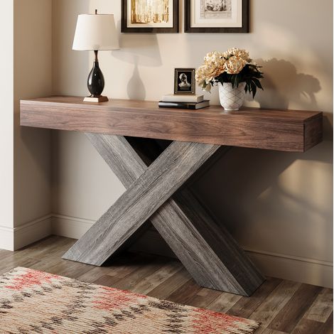 Mesa consola 140x30x80 cm nogal en tablero de partículas con estructura en X y diseño estrecho (1/5)
