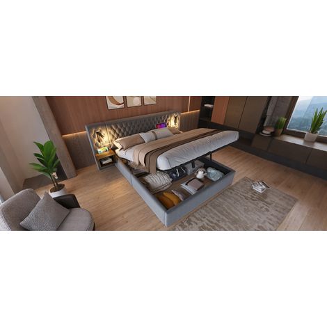 Lit coffre hydraulique 160x200 velours gris avec matelas led (1/5)