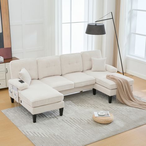 Canapé moderne 4 places en U (double méridienne) — Revêtement en velours côtelé doux, rembourrage confortable, dossiers au style moderne et structure robuste — Édition Beige (1/4)