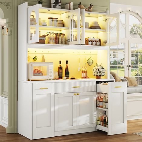 Armoire de cuisine haute 120 cm avec LED RGB, contrôle par application, 3 vitrines en verre, tiroirs et étagères coulissantes des deux côtés, blanc/noir (1/5)