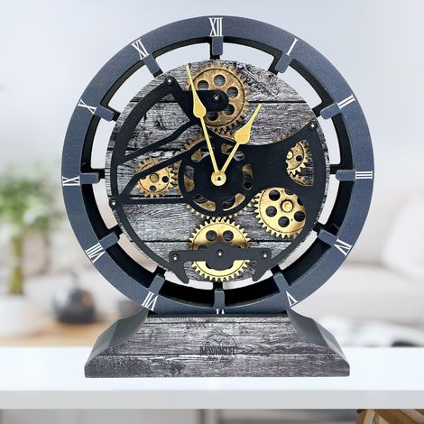 THE GEARS CLOCK Tischuhr mit echten beweglichen Zahnraedern - Canada Collection - 10" Rund - Carbon - Grey (1/5)