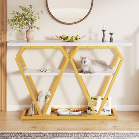 Table console (1 pièce) - 120 x 29,5 x 80 cm - Table à manger et de cuisine, table de balcon - Table en bois avec plateau effet marbre