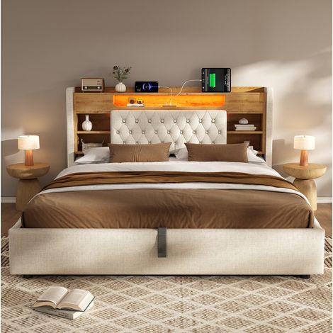 DESVIAE Lit rembourré 140 x 200 cm avec coffre hydraulique LED USB USB C tête de lit avec étagères et rangement tissu beige (1/5)