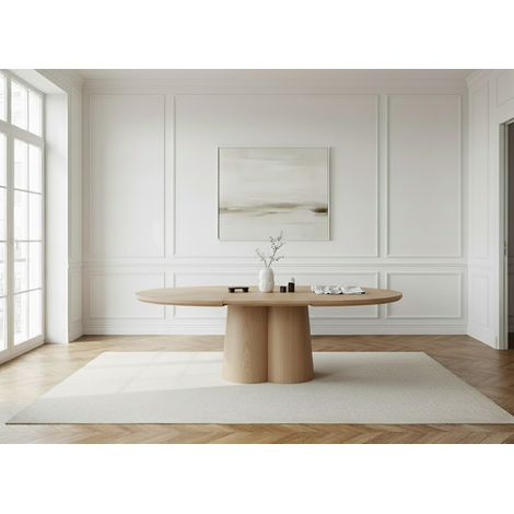 Bobochic – Table à manger ronde extensible 130-180 cm – Placage chêne massif – Pied nuage – Jusqu'à 8 couverts – Style nature marron clair (1/5)