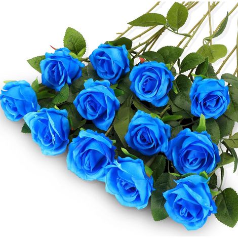 12 Fleurs Roses Artificielles Réalistes Bouquet Tige Longue, Roses Satin Douces pour Décor Mariage Centre de Table, Fête, Décoration Maison (Bleu) (1/5)