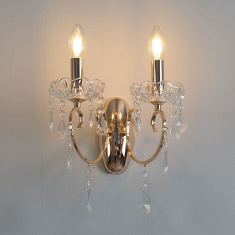 Kosilum – Applique murale LED 2 bras en métal doré – Pampilles en cristal – Ampoule E14 recommandée – Style baroque pour décoration intérieure