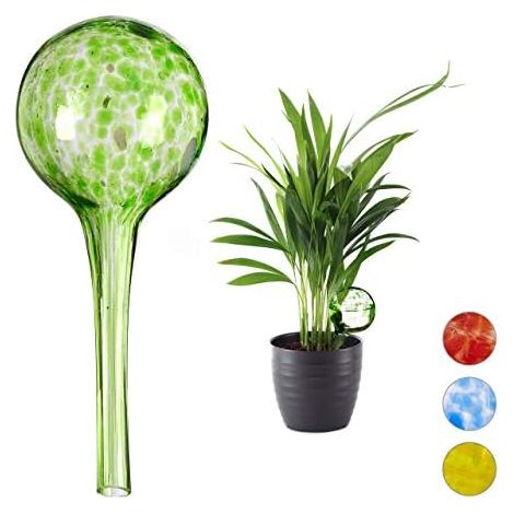 Relaxdays Bewässerungskugel 2er Set, dosierte Bewässerung Pflanzen u. Blumen, Gießhilfe Büro, Urlaub, Ø 6 cm, Glas, grün