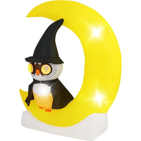 COSTWAY Décoration d'halloween Eclairée LED, Hibou Gonflable sur Lune 130 x 155 cm, Grande Lune et Hibou Sorcier, Décoration de Fête Géante Gonflable, Piquets et Sacs de Sable, pour Cour, Jardin (1/5)