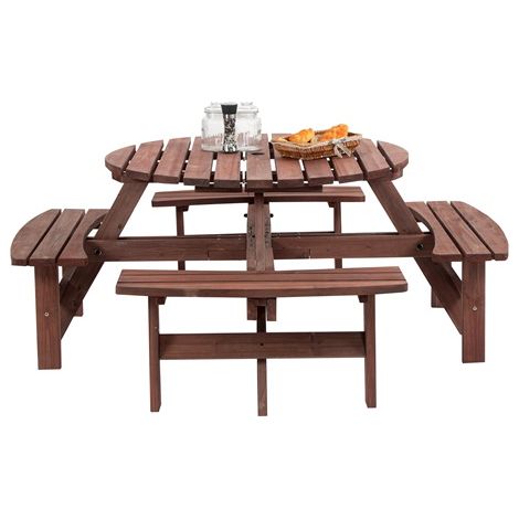 BIRCHTREE Wooden Round Garden Picnic Table Pub Bench Set 8 Seater With Parasol Hole Outdoor