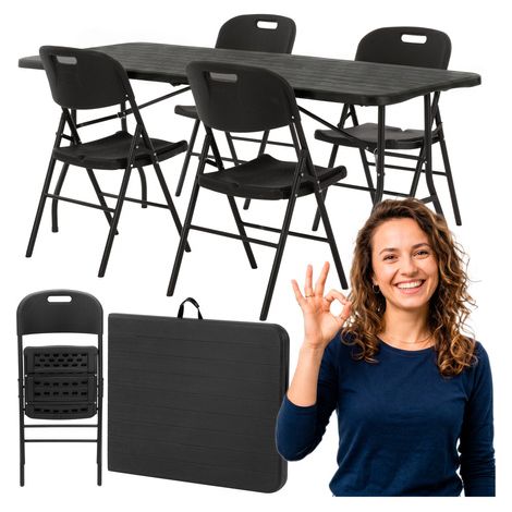 Set catering, tavolo da 180 cm con 4 sedie pieghevoli per banchetto, set turistico nero. (1/5)