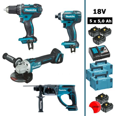 Pack 18V : DDF482 + DGA504 + DHR202 + DTD152 avec 3+2 batteries 5Ah + 3 Makpac MAKITA (1/5)