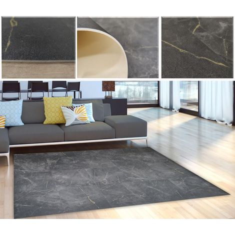 Tapis Vinyle Gris Anthracite Motif marbre veiné pour Cuisine, Salon, Bureau antidérapant avec détails dorés. (1/5)