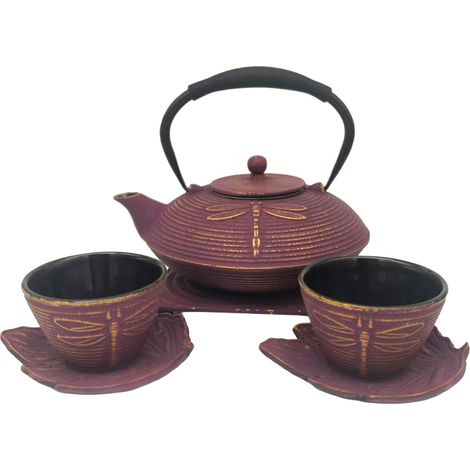 Gusseisernes Teekannen-Set (0,8 l) mit Katze und 2 Gläsern