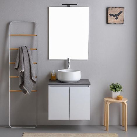 Meuble Salle De Bain 60Cm Blanc Avec Plateau Anthracite Et Miroir 60X80 Bilbao (1/5)