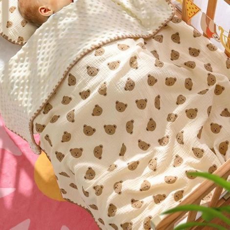 Couverture Bébé - Coton Crêpe Et Peluche À Pois - Respirante Légère Pour Lit Berceau Poussette - 1 Pièce (1/4)