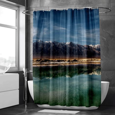 Rideau de douche motif paysage montagne et rivière, rideau salle de bain imperméable, 90x180 cm (1/5)