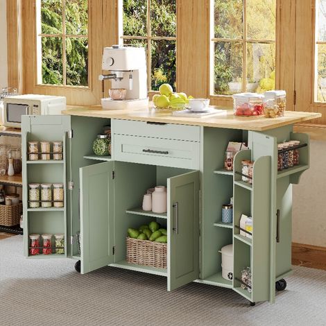 Îlot de cuisine extensible avec rangement, tiroir à couverts et plan de travail rabattable (1/5)