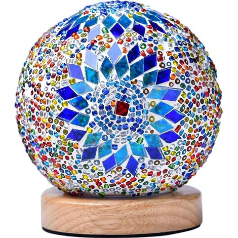 Filiyano – support en bois – Veilleuse bleue de 13,3 cm pour enfants, boule lune, style bohème, décorative, avec support en bois, veilleuse de chambre (1/5)